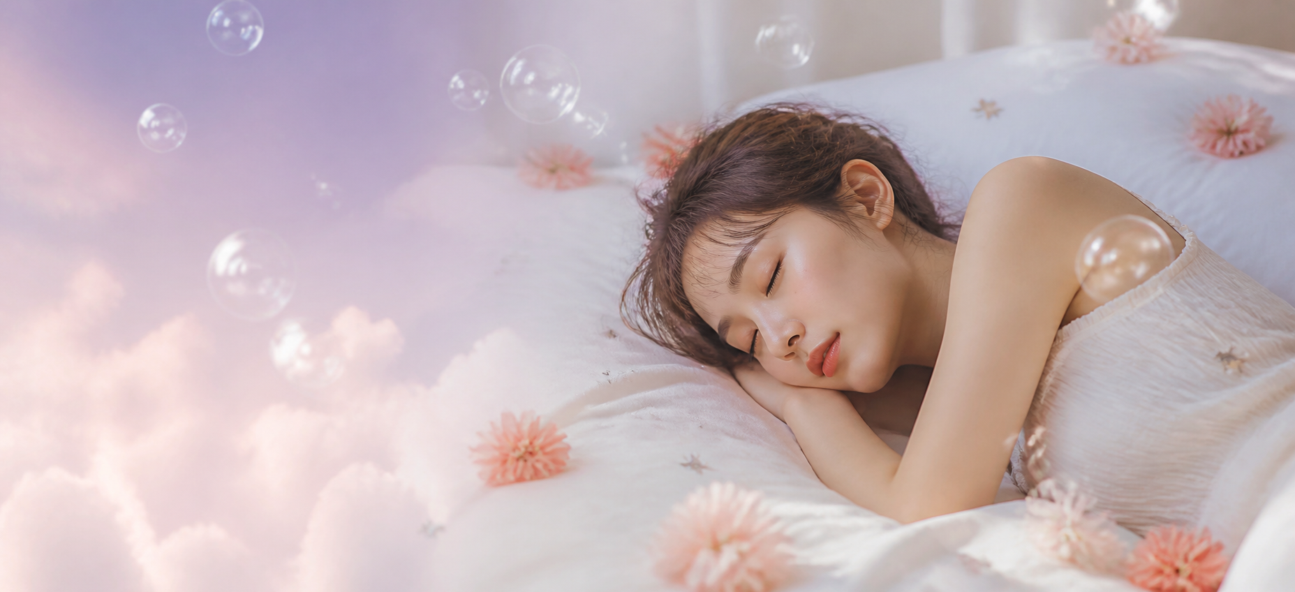 淡い花とシャボン玉に包まれて眠る女性