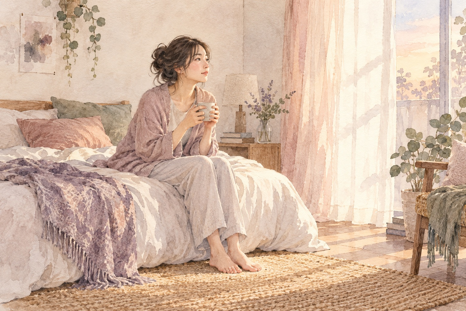 目覚めた女性がベッドに腰掛け、明るい窓のある静かな部屋で過ごすイラスト